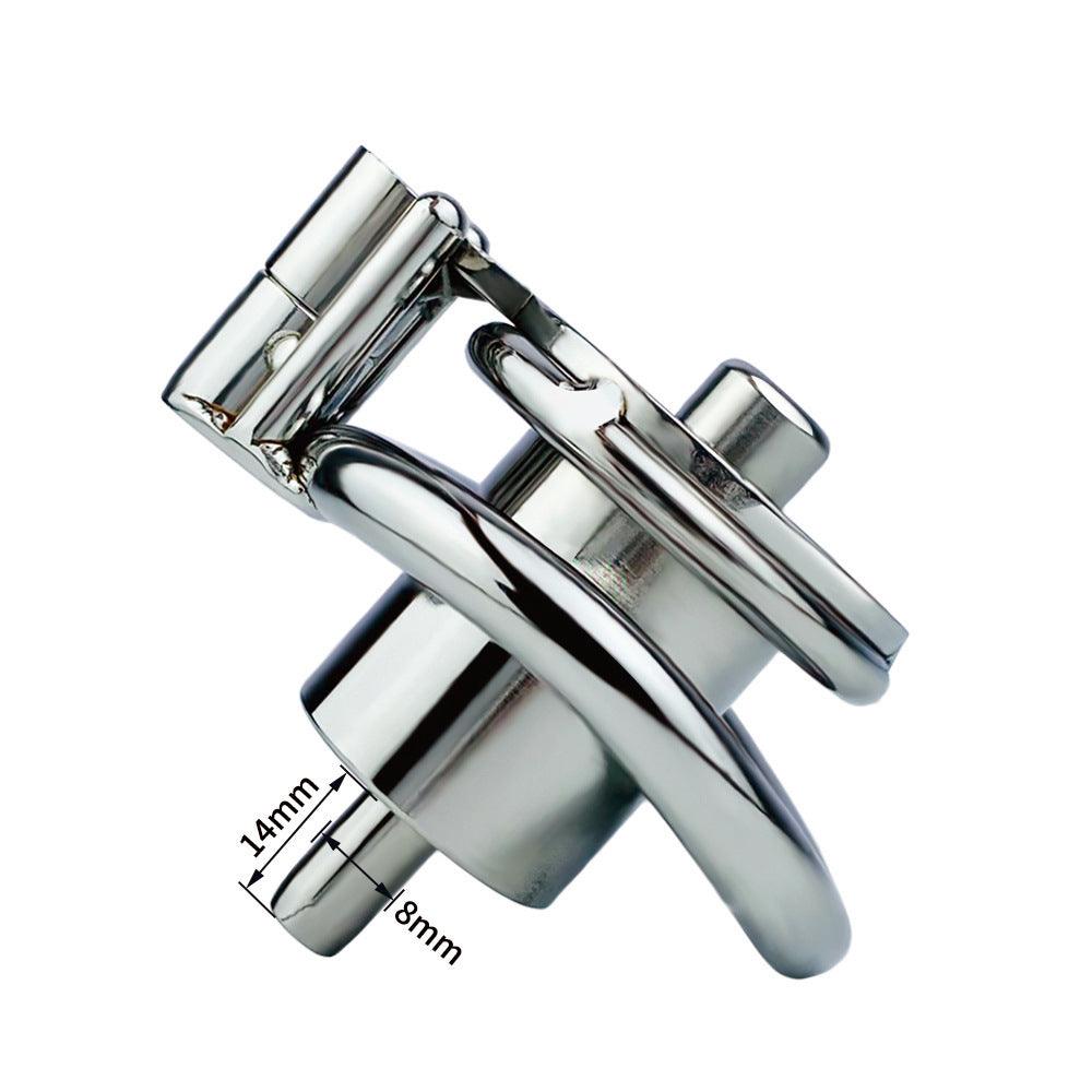 Side view of stainless steel male chastity cage