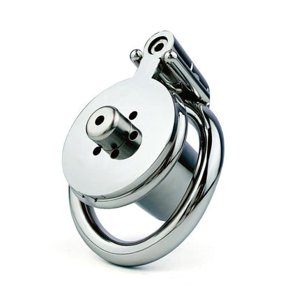 Flat inverted metal chastity cage with urethral tube