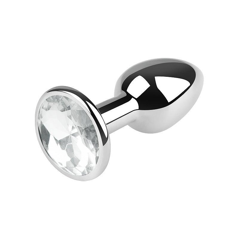 Silver metal butt plug with clear gem, 2.5 inches