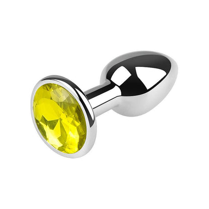 Silver metal butt plug with yellow gem, 2.5 inches