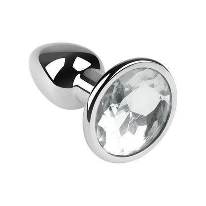 Silver metal butt plug with clear gem, 2.5 inches