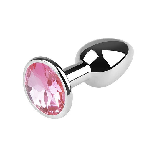 Silver metal butt plug with pink gem, 2.5 inches