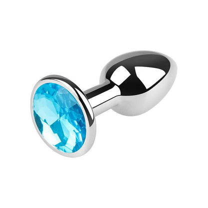 Silver metal butt plug with blue gem, 2.5 inches