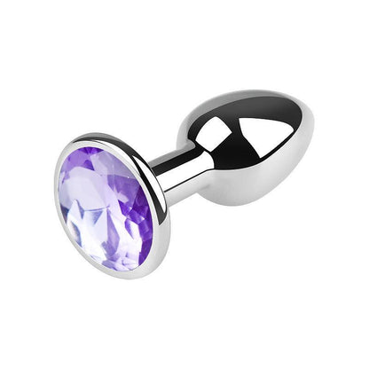 Silver metal butt plug with purple gem, 2.5 inches