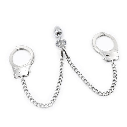 Adjustable stainless steel handcuffs with anal plug and chain